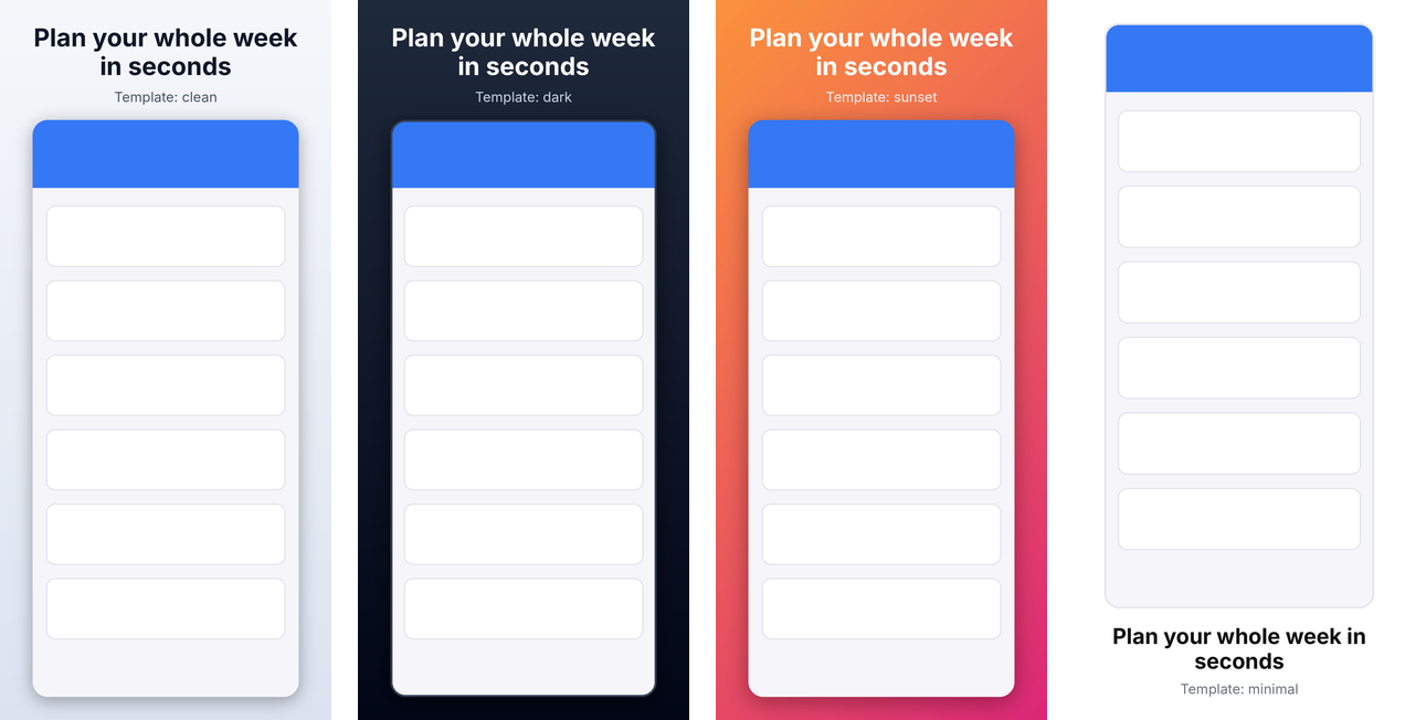 The four built-in templates: clean, dark, sunset and minimal
